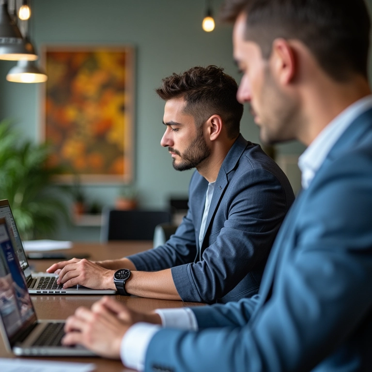 Profissionais gerenciando contratos em plataforma digital.