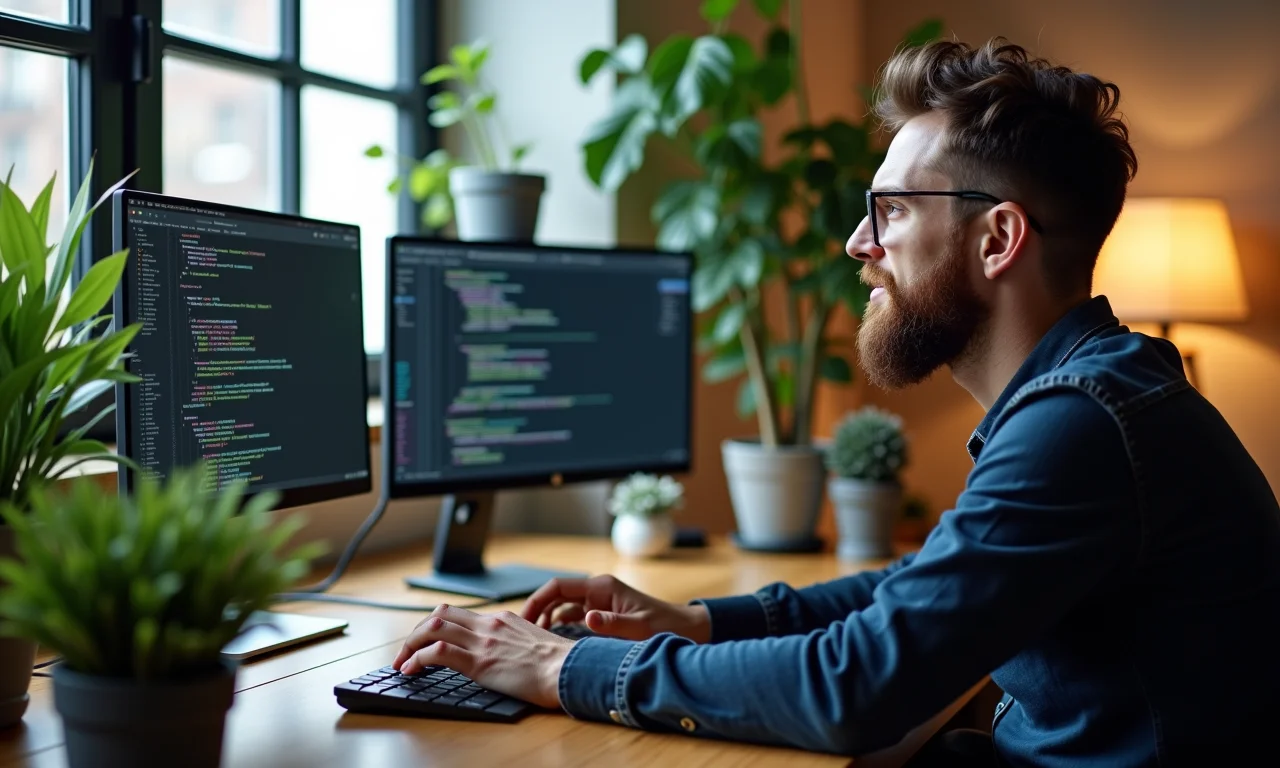 Programador codificando em várias telas em um ambiente de trabalho limpo e iluminado.