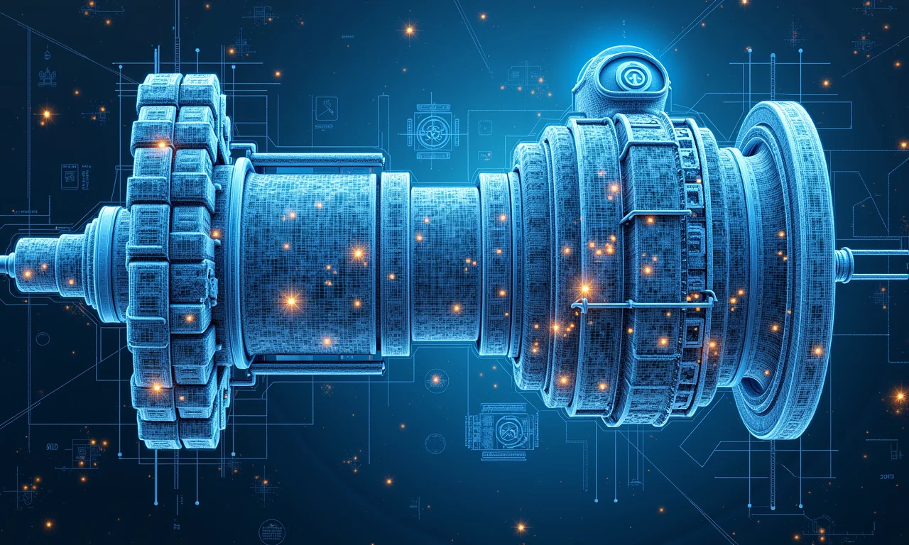 Projeto de máquina complexa com trabalhadores, simbolizando socialismo científico.