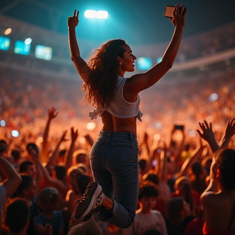 Looks para show em estádio: conforto para pular Público vibrante em show, mulher pula com look confortável e estiloso.