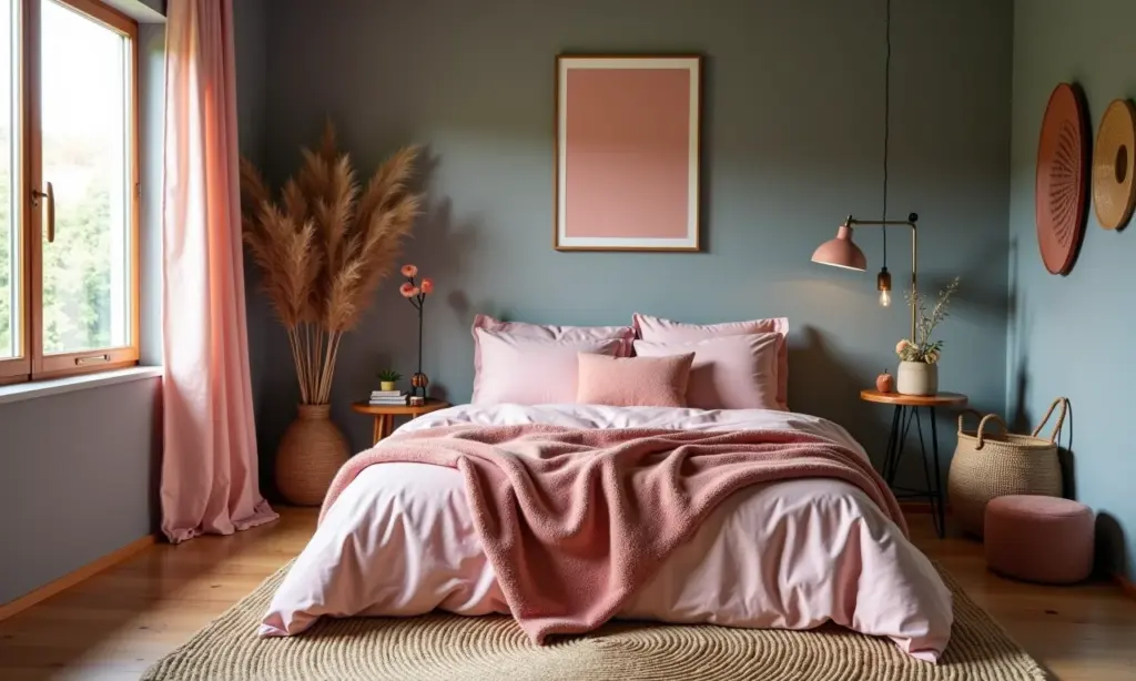Quarto aconchegante com paredes cinzas e detalhes rosa em estilo Farm Rio.