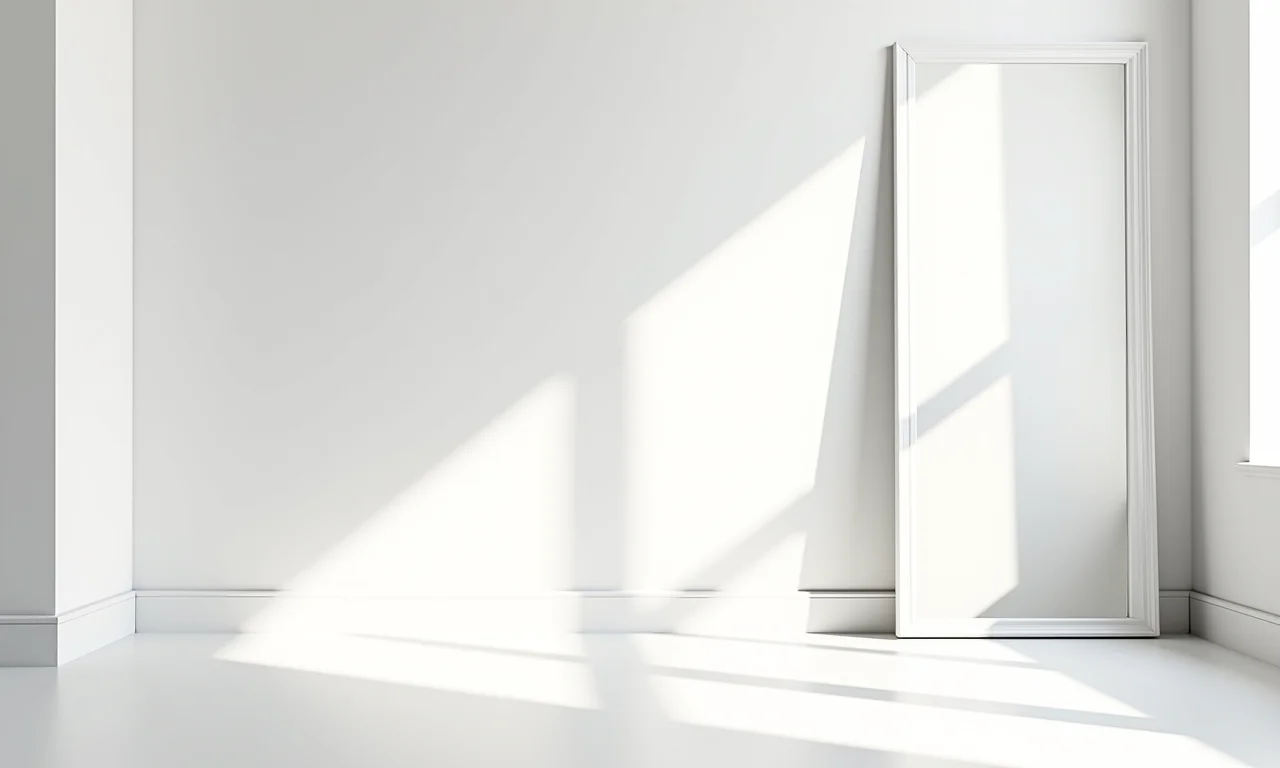 Quarto branco com espelho ampliando o espaço.