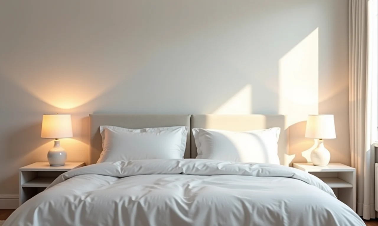 Quarto branco com iluminação estratégica e suave.