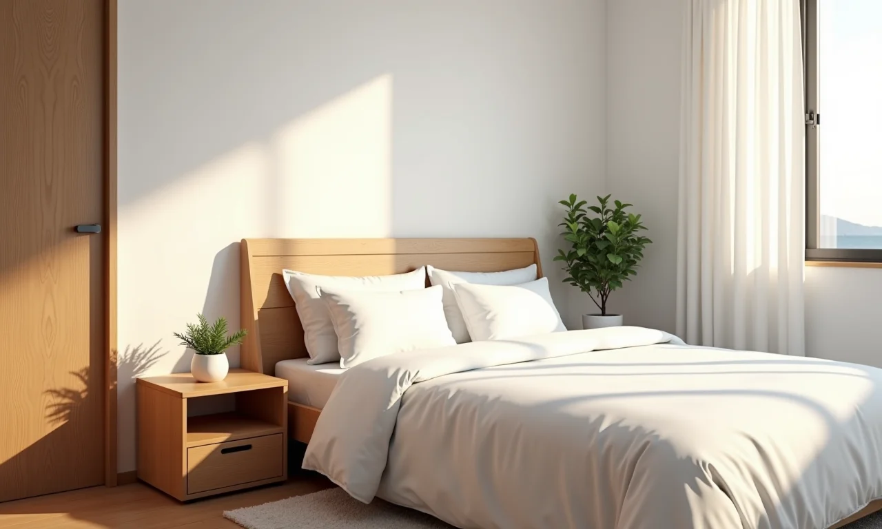 Quarto branco com móveis de madeira e iluminação quente.