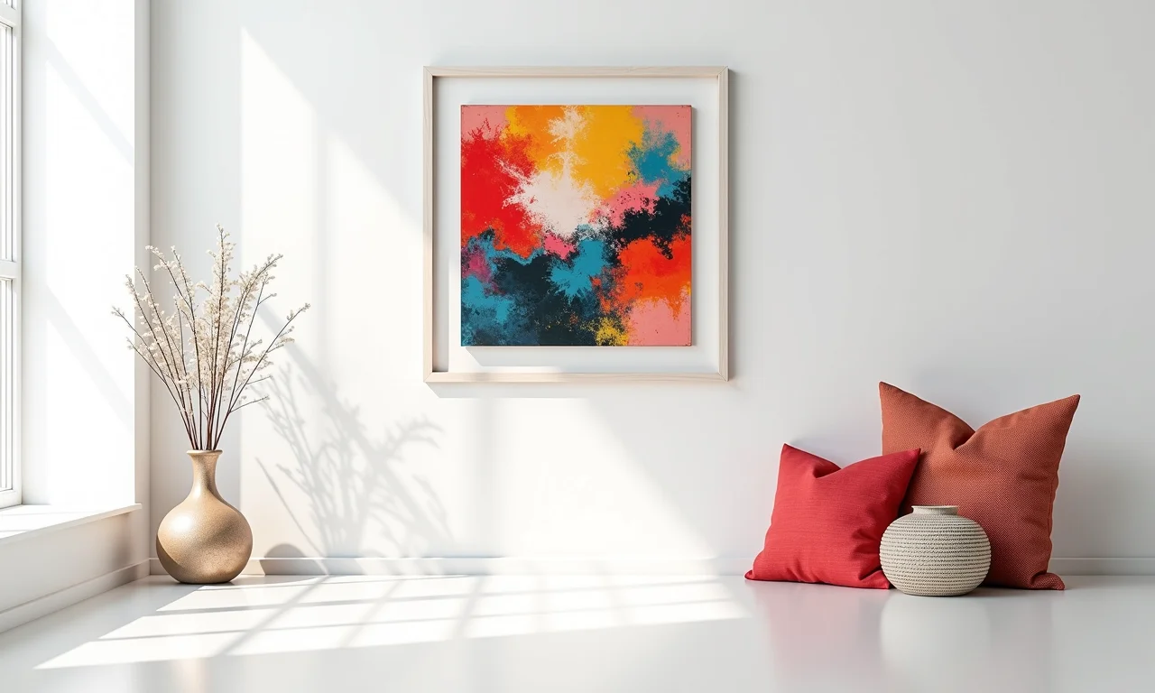 Quarto branco com quadros coloridos e objetos decorativos brasileiros.