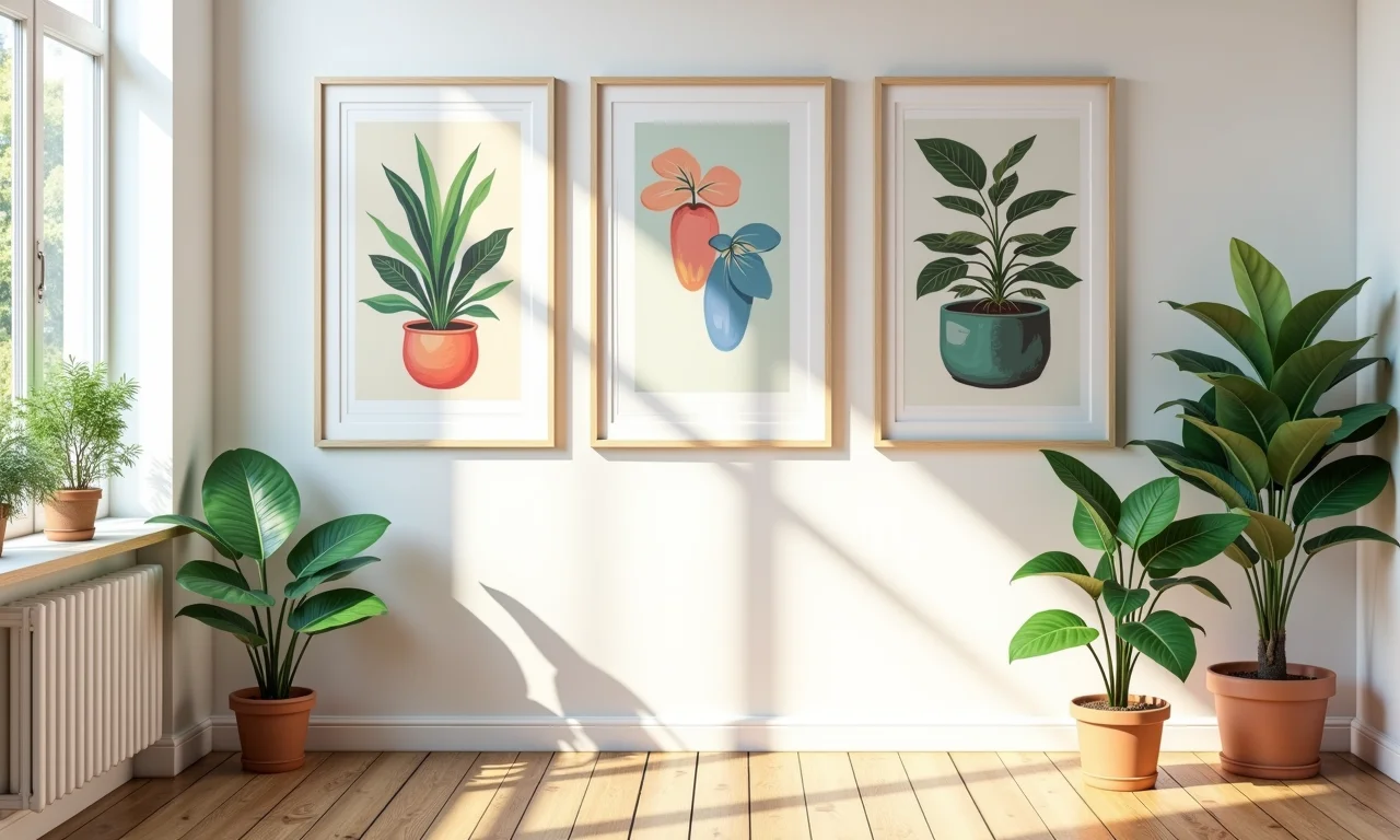 Quarto branco com quadros coloridos e plantas vibrantes.
