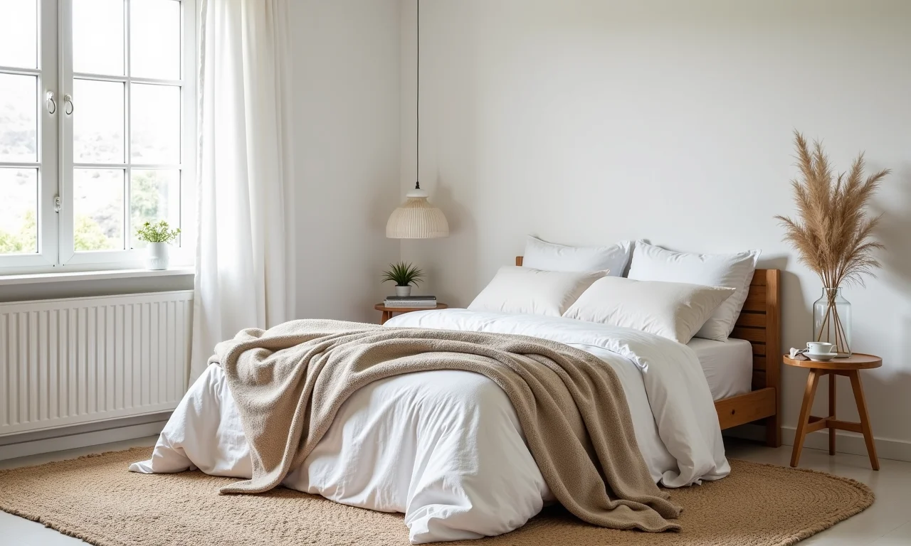 Quarto branco com texturas e camadas de tecidos brasileiros.