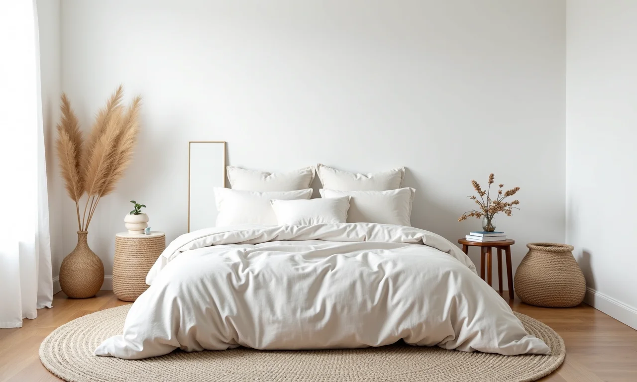 Quarto branco com texturas naturais como madeira e linho.