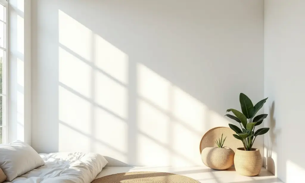 Quarto branco minimalista com texturas naturais e iluminação suave.