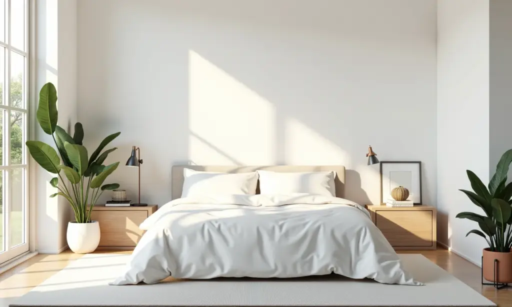 Quarto branco minimalista com toques de cor e design brasileiro.