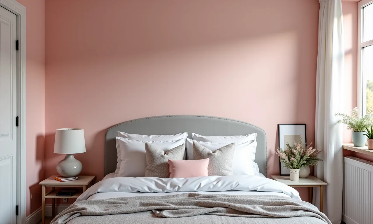 Quarto cinza com paredes rosa suave e almofadas decorativas.