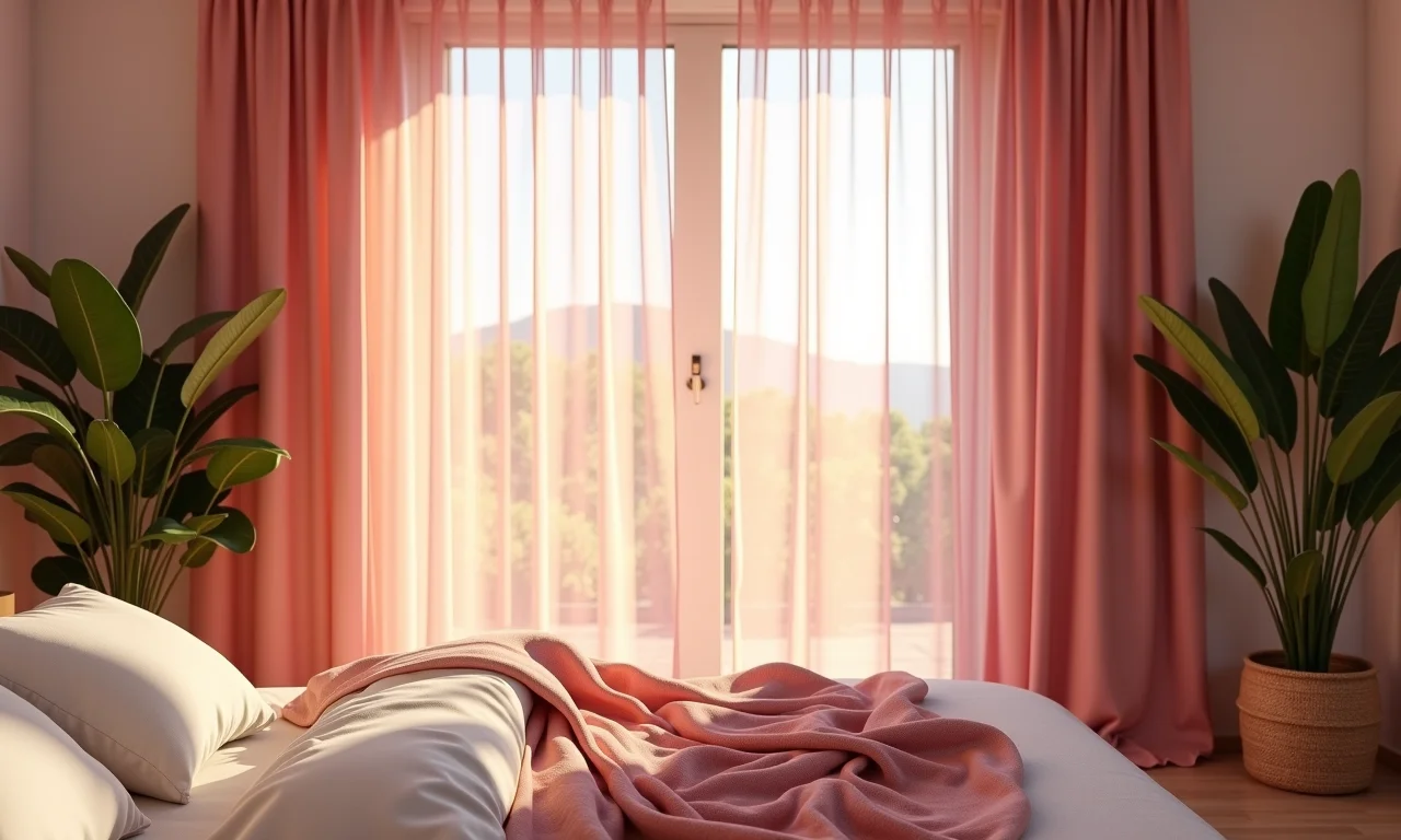 Quarto com cortinas rosadas suavizando a luz natural.