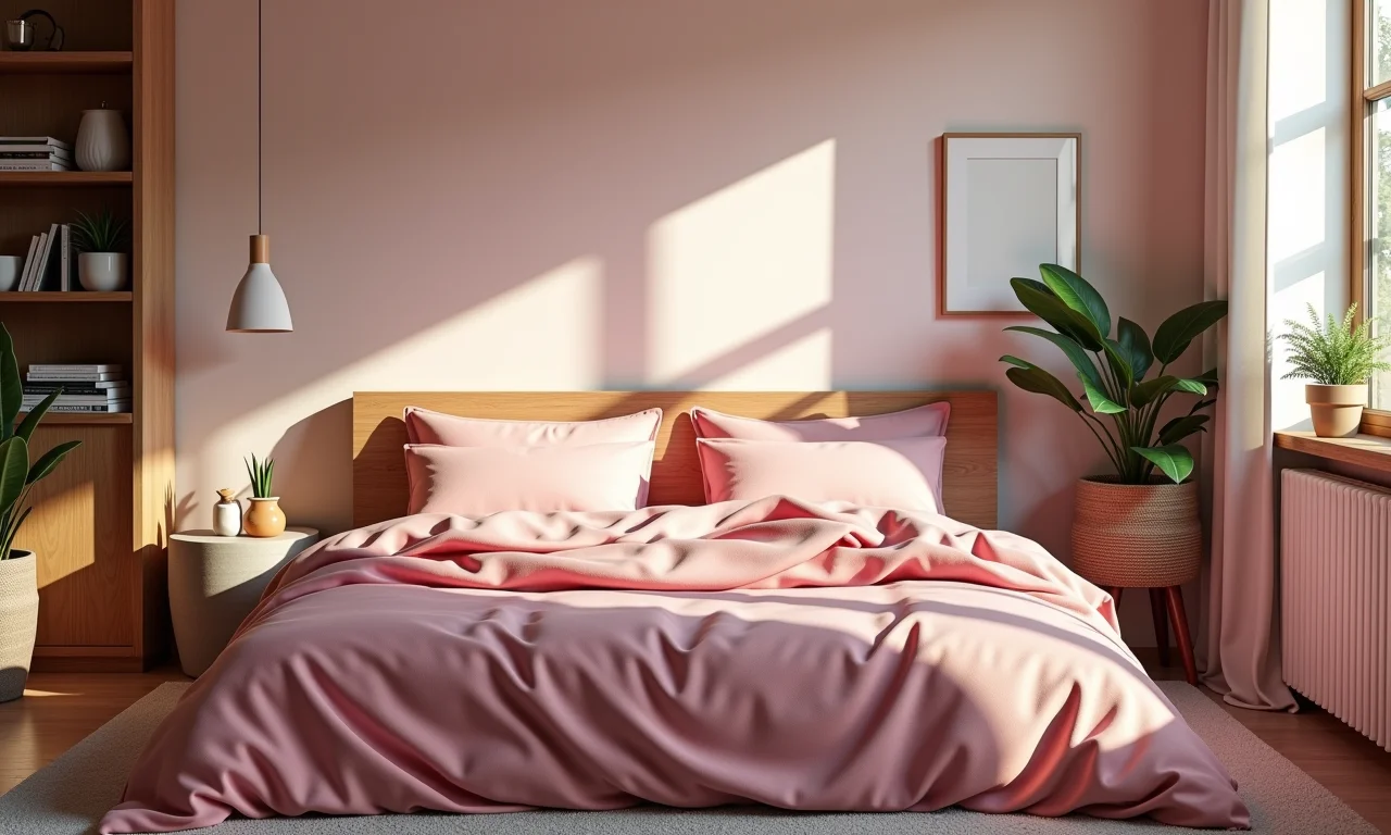 Quarto com roupa de cama rosa criando um ambiente aconchegante.