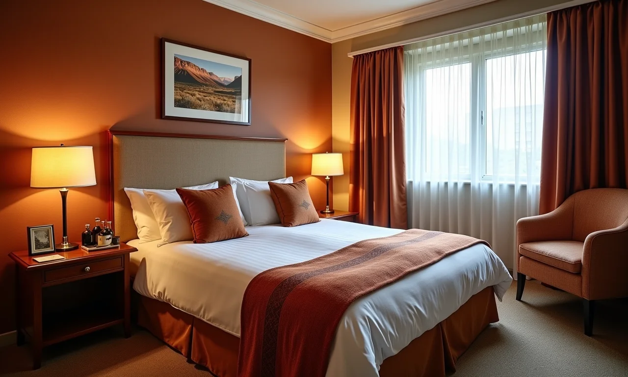 Quarto de hotel confortável com tecidos andinos, atmosfera aconchegante, luz natural.