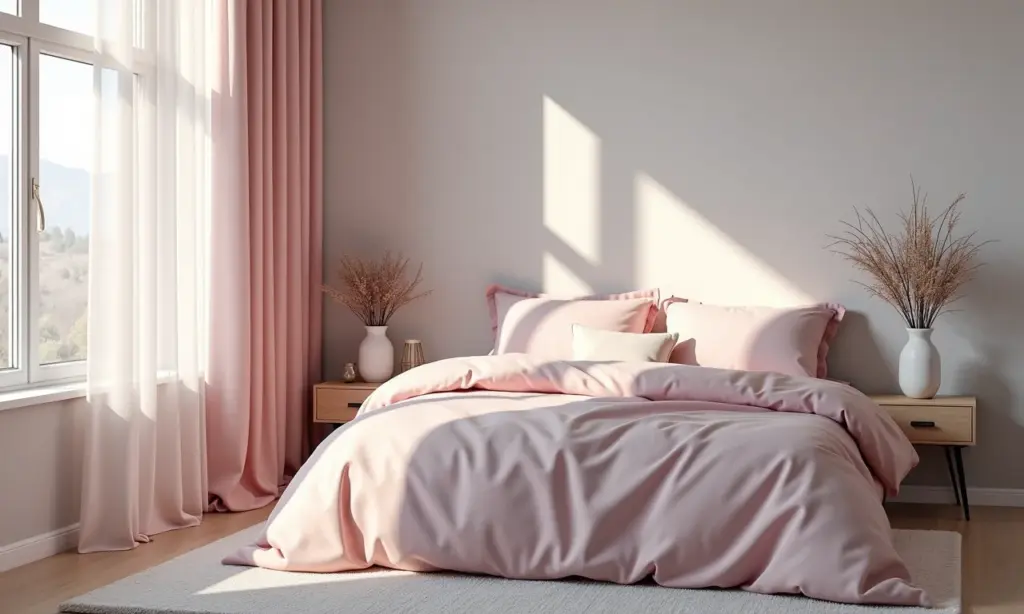Quarto decorado em tons de cinza e rosa, com iluminação natural e texturas aconchegantes.