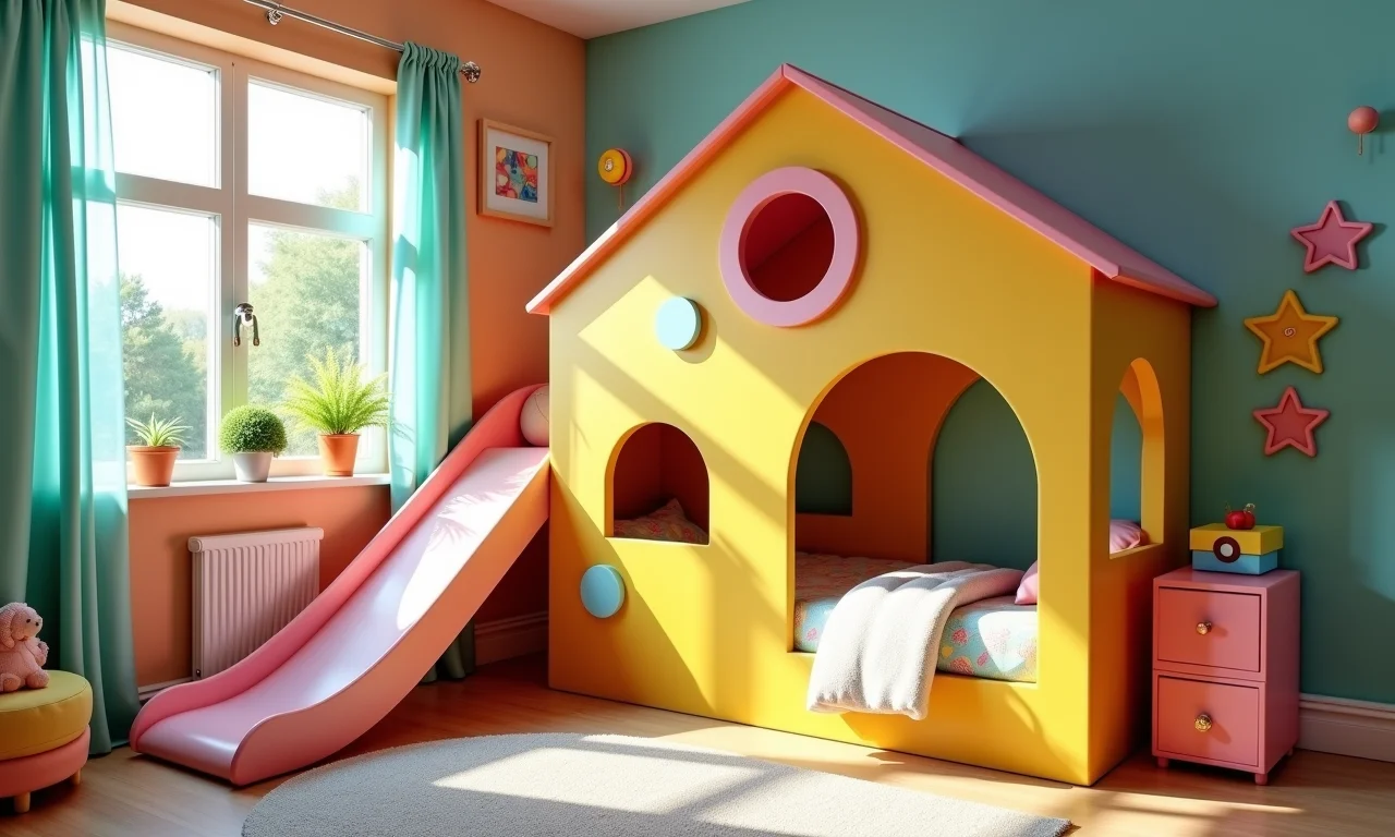 Quarto divertido com cama de casinha e escorregador integrado, cores vibrantes.