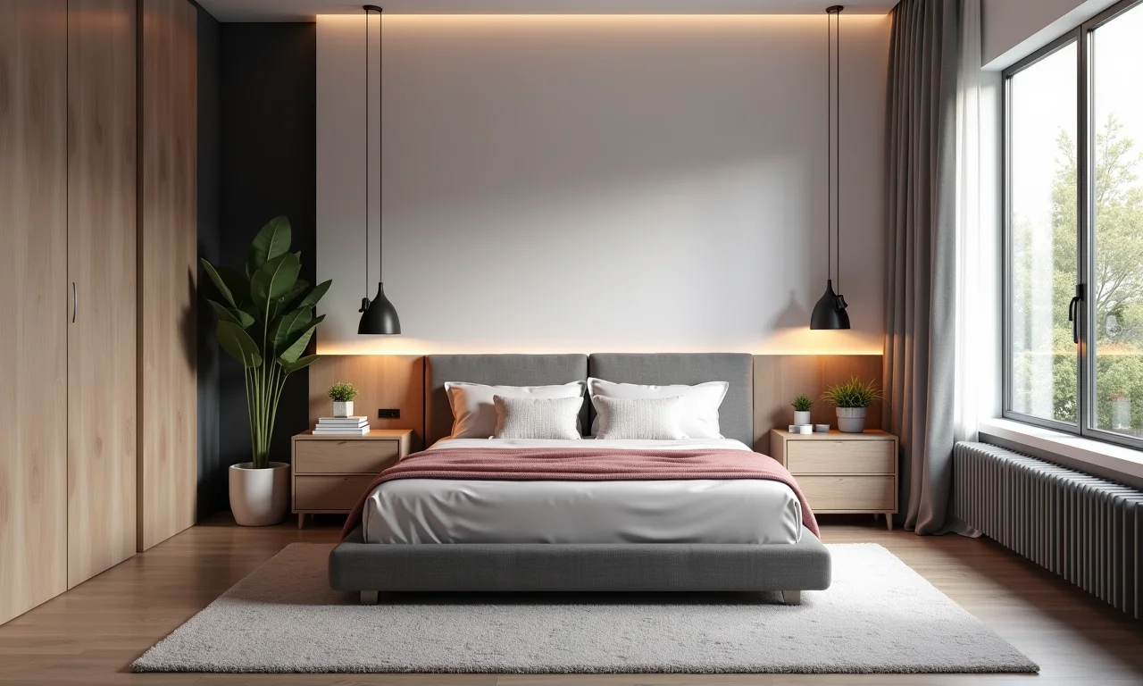 Quarto moderno com móveis cinzas e toques de rosa.