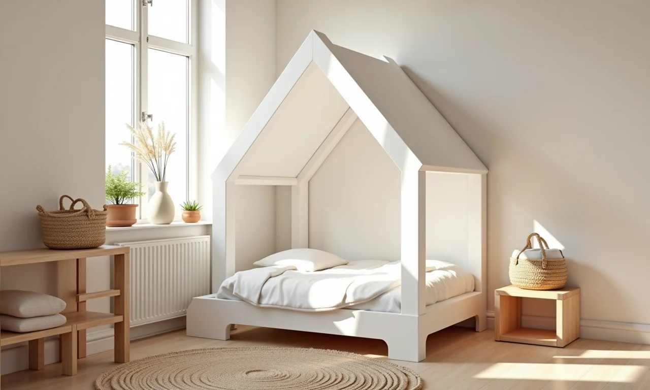 Quarto montessoriano com cama de casinha branca e design minimalista.