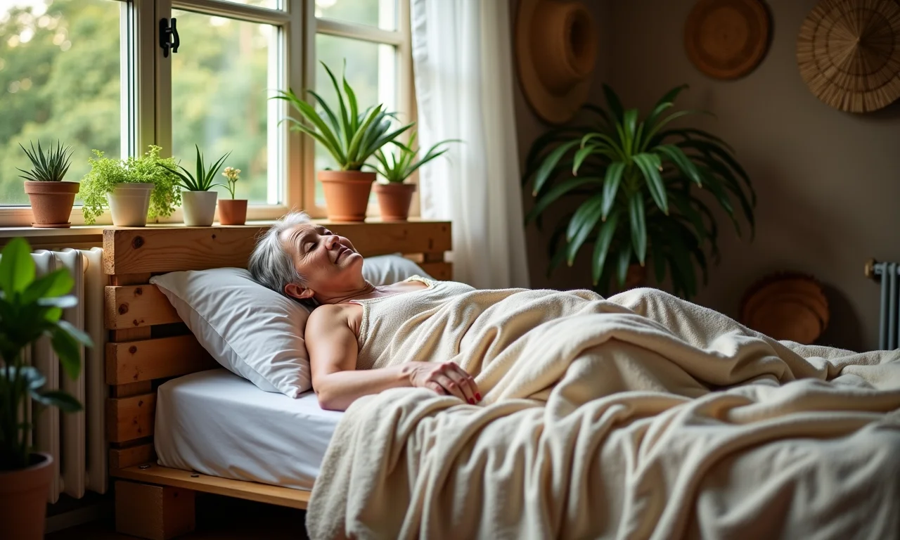 Quarto original com cama de pallet, roupa de cama macia e plantas.