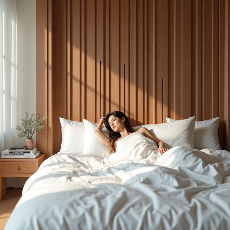 Quarto relaxante com parede ripada e iluminação suave.