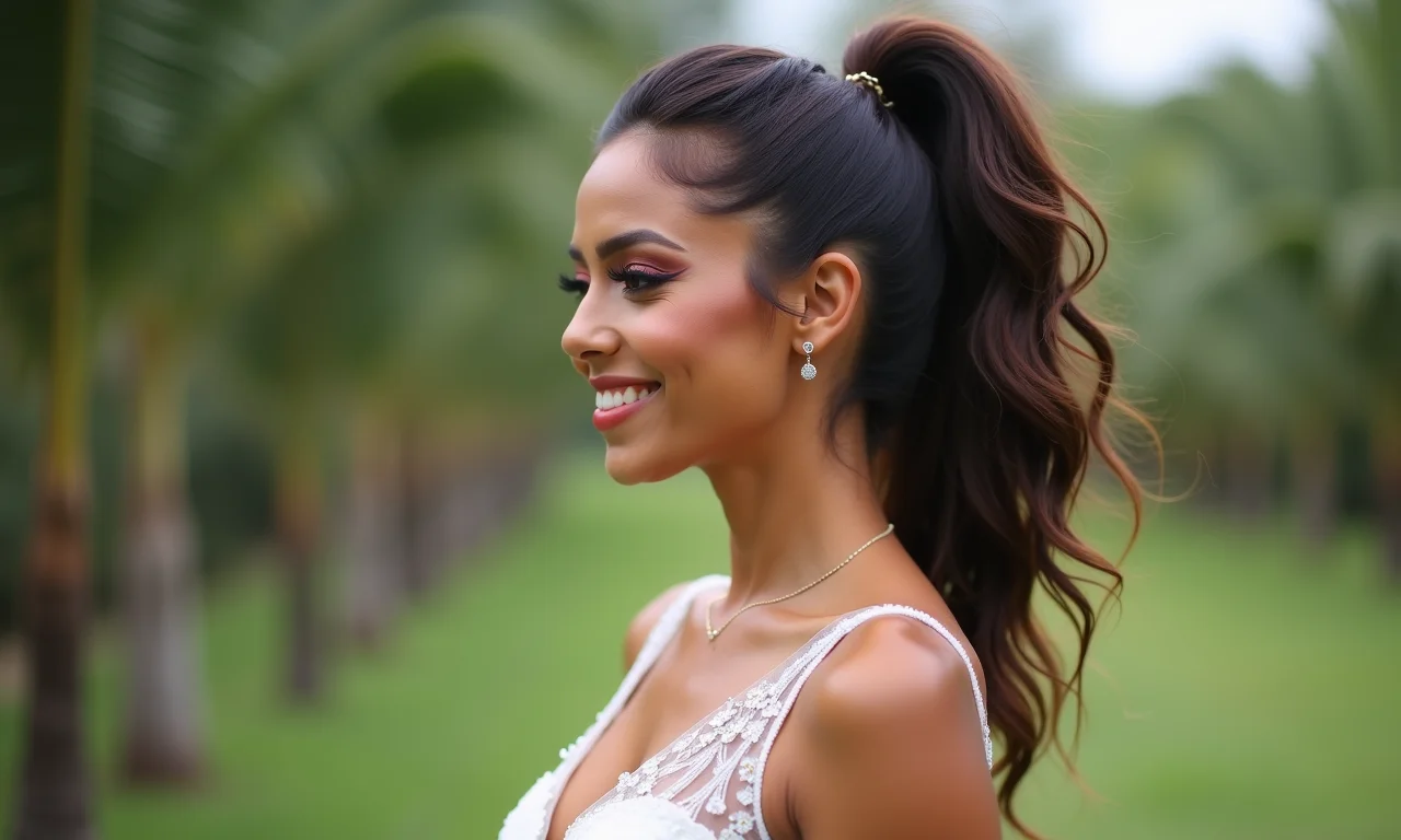 Rabo de cavalo alto com volume para madrinha de casamento.