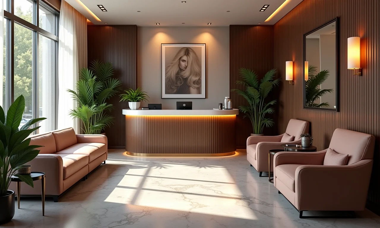 Recepção aconchegante de salão de beleza com área de espera confortável.