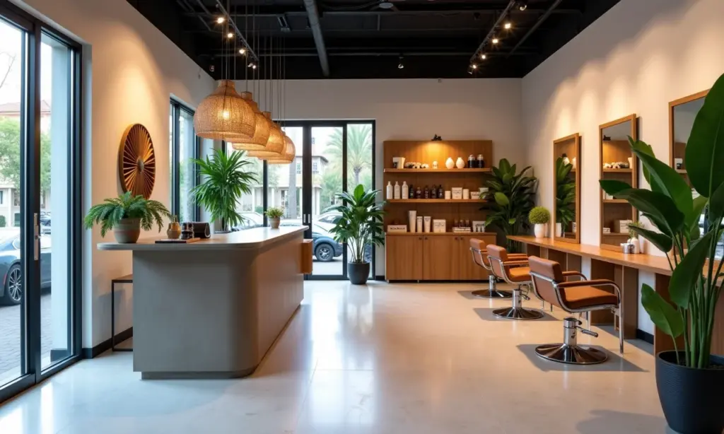 Recepção moderna e convidativa de salão de beleza com decoração vibrante.