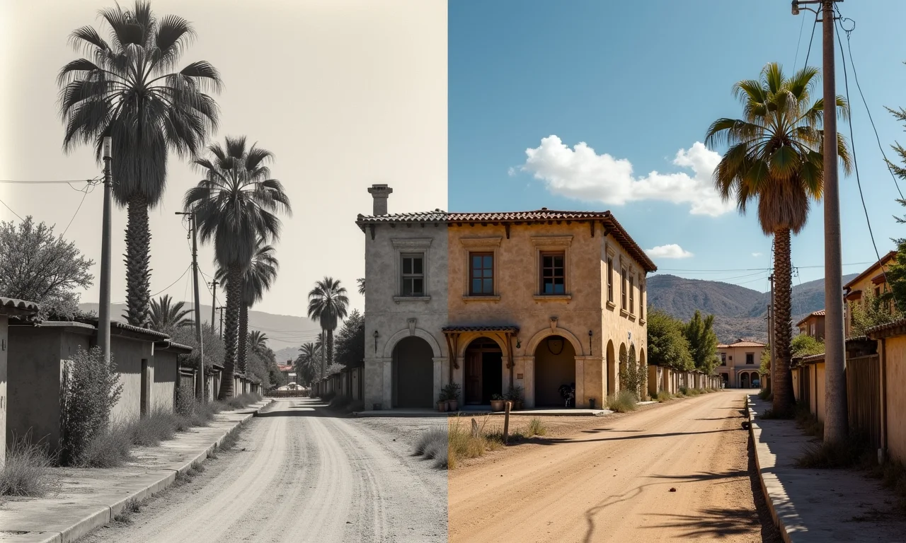 Reconstrução fotográfica histórica da construção de Palmas, mesclada com a cidade moderna.