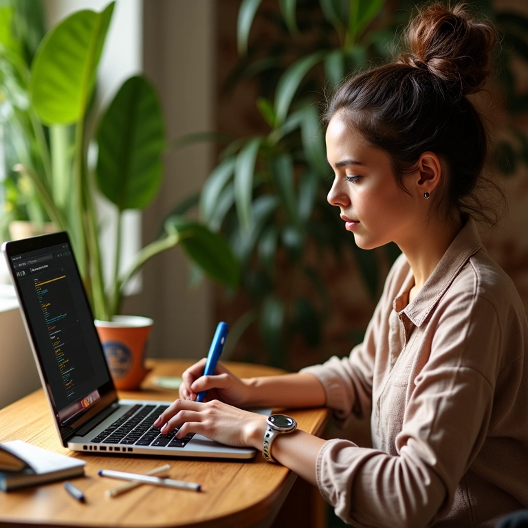 Redatora criando conteúdo em laptop em escritório com estilo brasileiro.