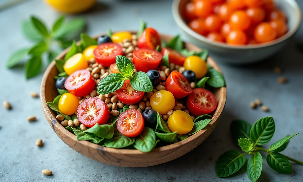 Refeição colorida e saudável com ingredientes que fortalecem as unhas. Vista superior.