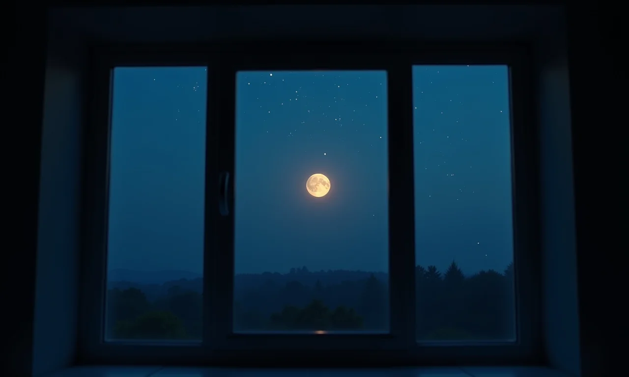 Relógio marcando 12 AM com a lua e estrelas visíveis na janela.