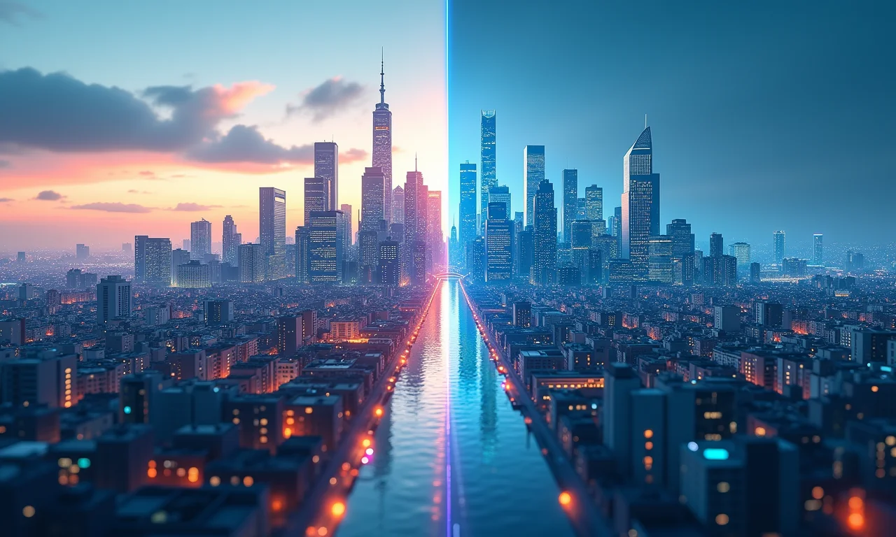 Representação visual de endereços IPv4 e IPv6 como paisagens urbanas, mostrando a maior capacidade do IPv6.