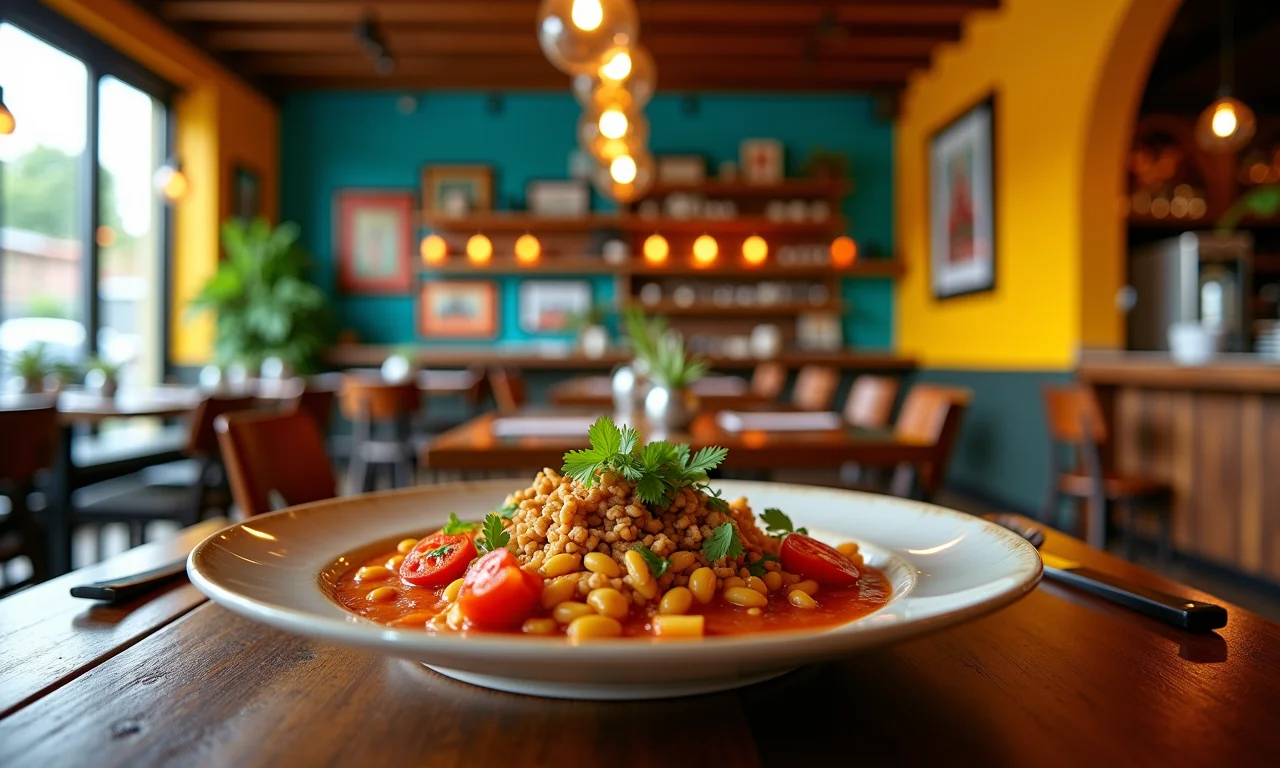 Restaurante com culinária peruana local, toque moderno e cores vibrantes.