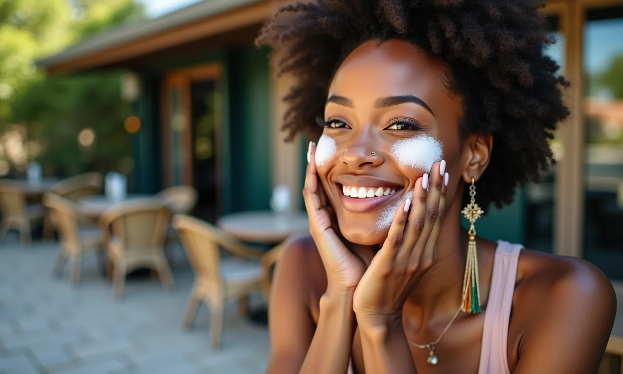 Retocando o protetor solar em pó ao longo do dia em um café.