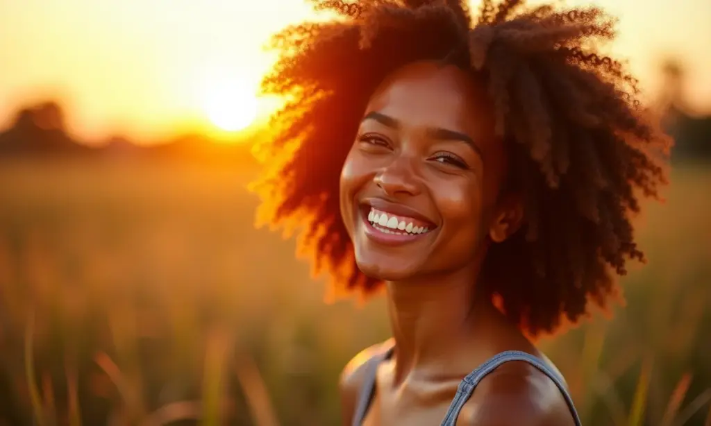 Retrato de uma mulher brasileira sorrindo na luz dourada do sol.