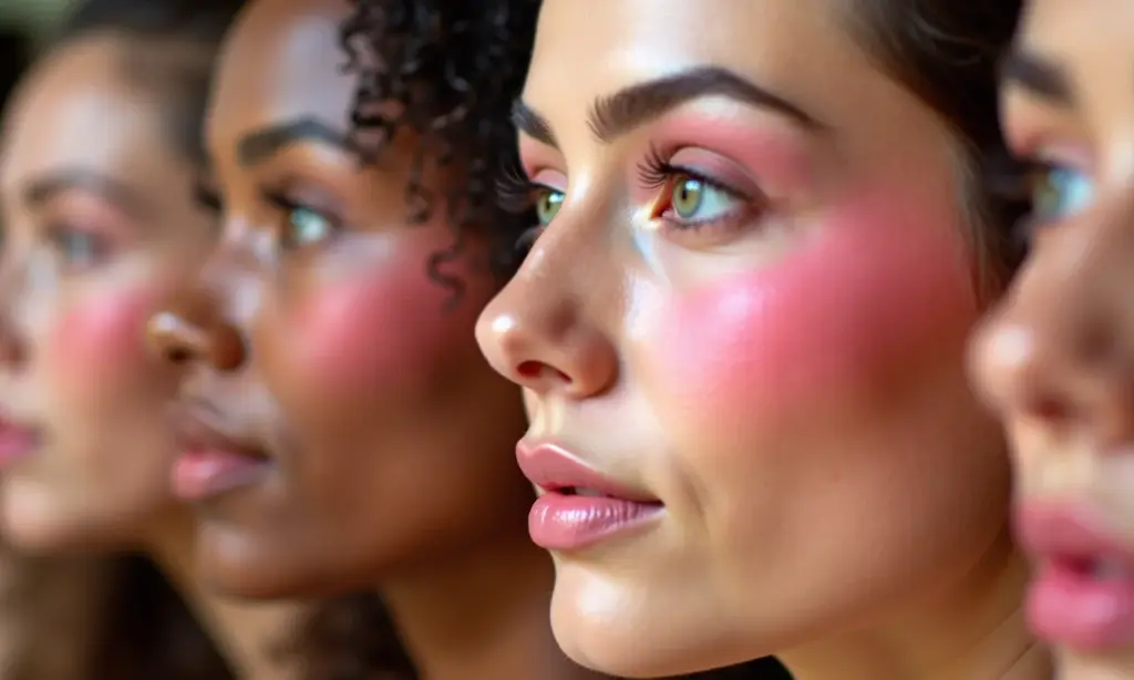 Rostos diversos com blush, mostrando diferentes tons de pele e cores de blush.