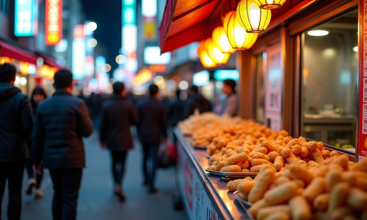 Rua movimentada em Myeongdong com barracas de comida e luzes vibrantes.