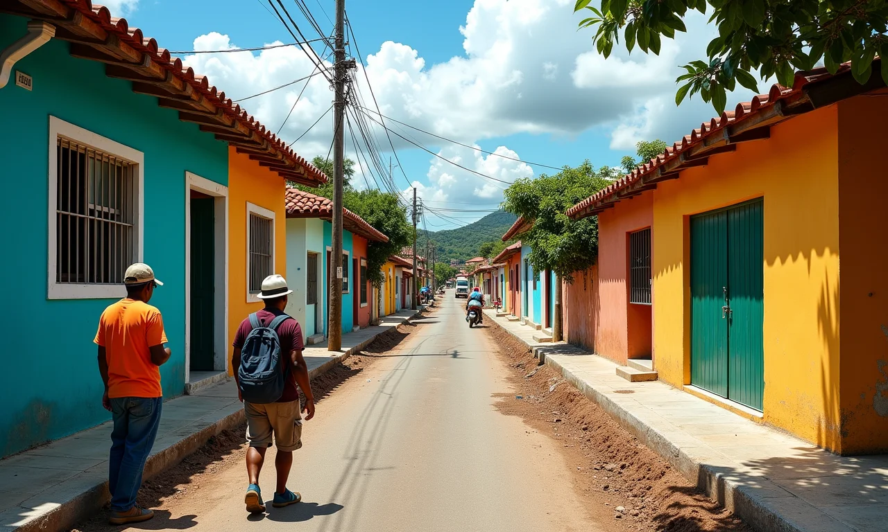 Rua residencial no Brasil sendo melhorada, representando contribuições de melhoria.