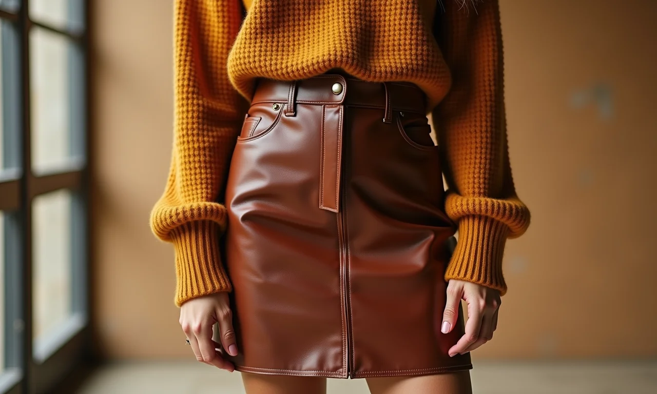 Saia de couro marrom com tricô: conforto e estilo para os dias frios.