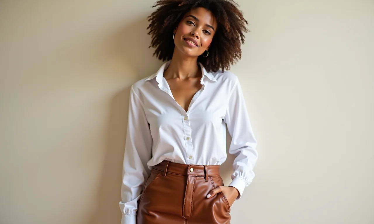 Saia de couro marrom combinada com camisa branca: um clássico atemporal.