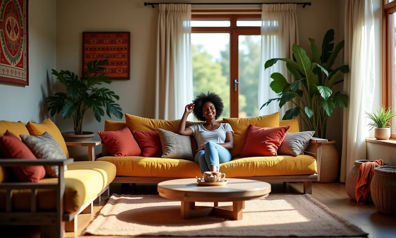 Sala aconchegante com sofá de pallet, almofadas coloridas e mulher relaxando.