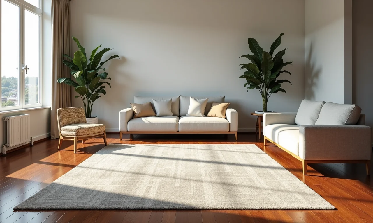 Sala ampla com guia visual de tamanho de tapete.