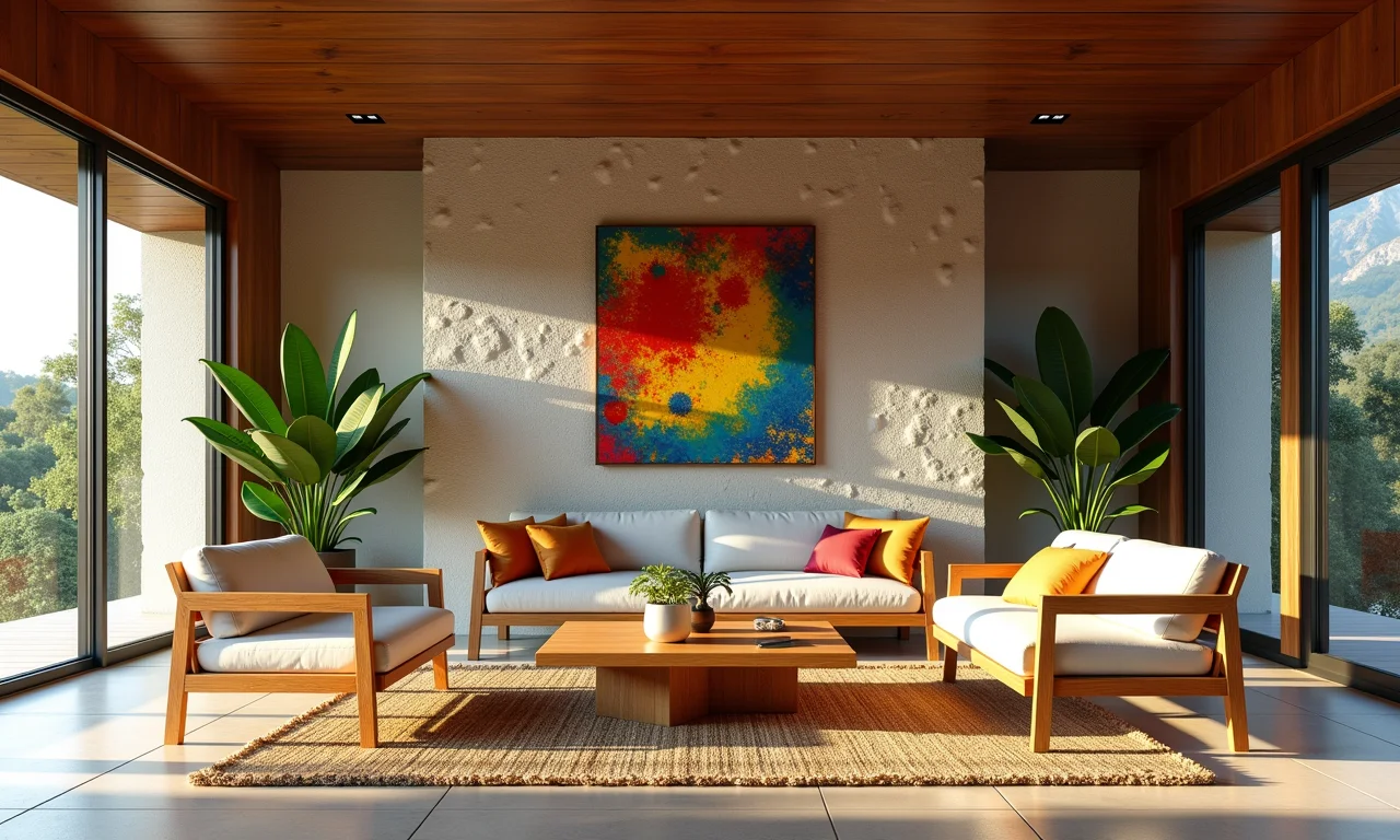 Sala com parede de pedra combinada com móveis de madeira e arte brasileira.