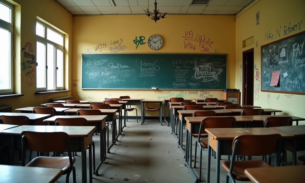 Sala de aula deteriorada em escola pública, refletindo os desafios da realidade educacional.