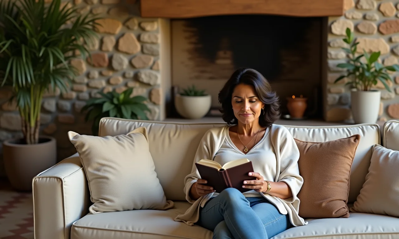 Sala de estar aconchegante com parede de pedra e decoração brasileira.