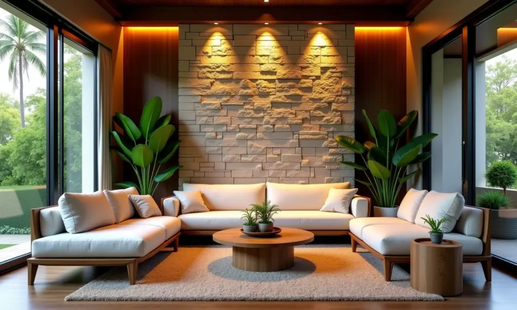 Sala com Parede de Pedra: 20 Projetos Aconchegantes Sala de estar aconchegante com parede de pedra e decoração vibrante.