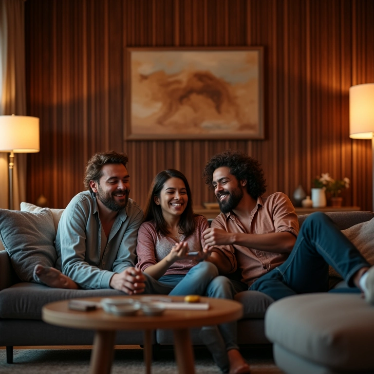 Sala de estar aconchegante com parede ripada e amigos reunidos.