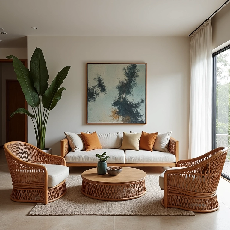 Sala de estar com diversos móveis de fibra sintética.