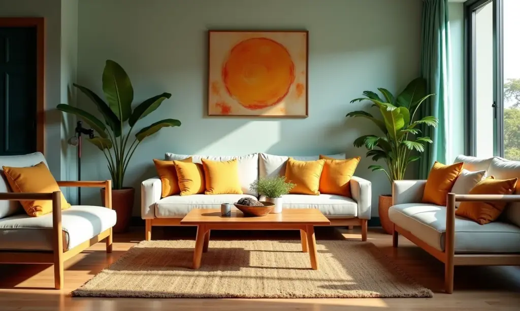 Como Escolher Tapete: O Guia Completo de Tamanho e Fio Sala de estar com tapete de juta e móveis bem arranjados.