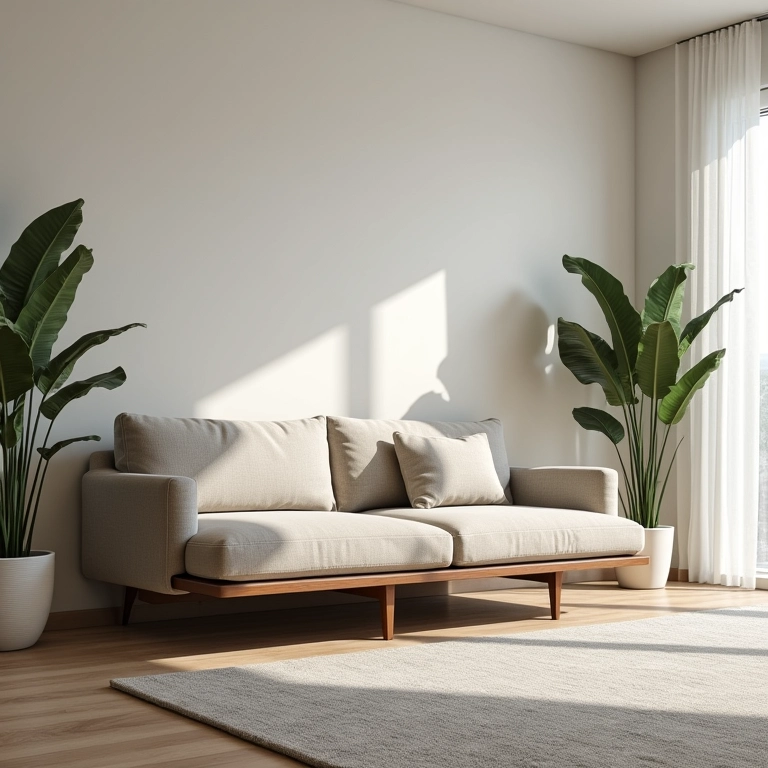 Sala de estar compacta com sofá retrátil otimizando o espaço.